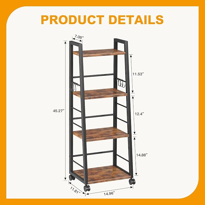 Homeiju 4 Tier Kitchen Storage Cart with Lockable Wheels & 6 Hooks, Mobile Utility Organizer Rolling Cart for Small Spaces, Bar Cart for Kitchen and Living Room, Rustic Brown