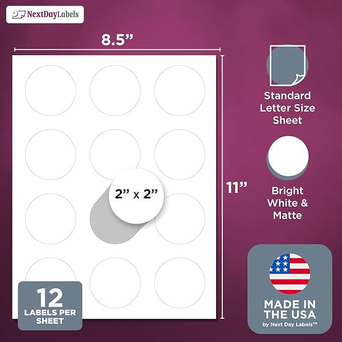 NextDayLabels 2 Inch Round Circle Stickers White for Bleeds Laser Inkjet - 12 Per Sheet Self-Adhesive Candle Jar Product Lids Made in USA - 1200 Labels