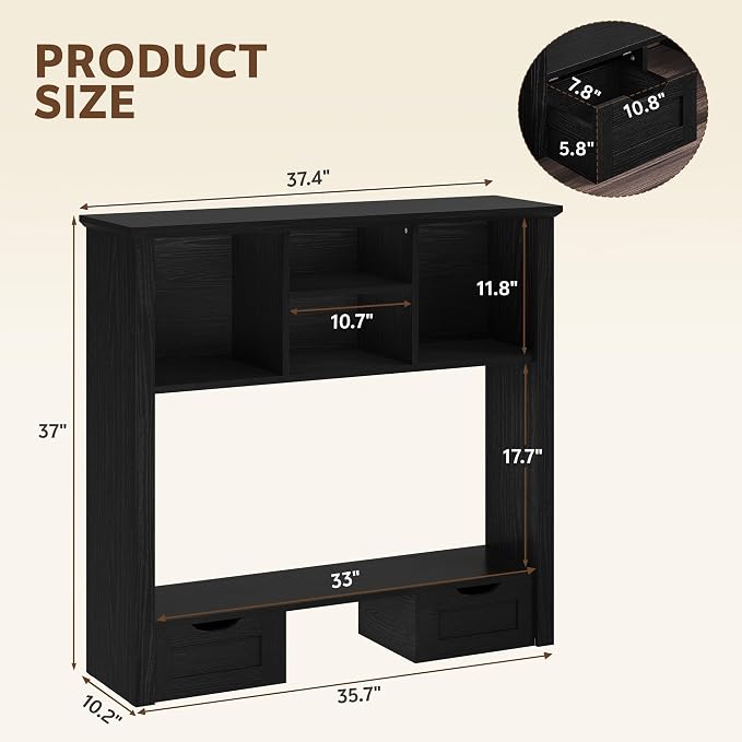 Desk Shelf with Computer Monitor Stand, 37.4''W Desktop Bookshelf Display Rack, Desktop Organizer Storage Rack with Cubbies & Drawers, 5-Tier Hutch for Home, Office, Dorm, Vanity, Black