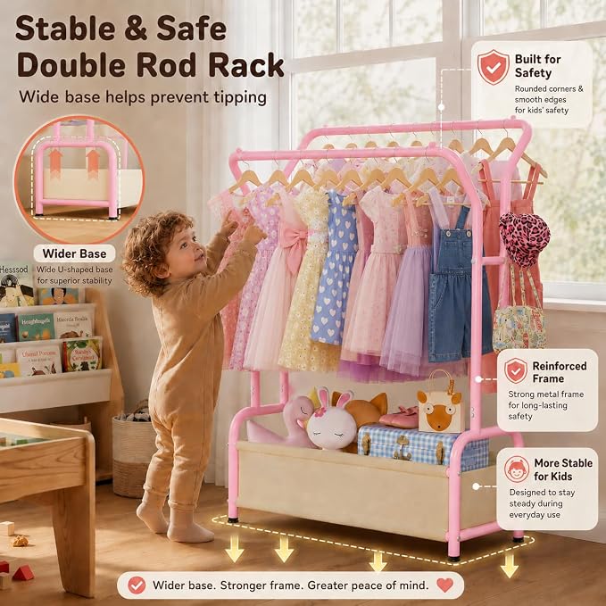 Kids Clothing Rack with Double Hanging Rods and Storage Basket | Child-Height Dress Up Storage for Toddler, Open Kids Closet for Baby Clothes, Costumes, Shoes and Toy, Bedroom Nursery