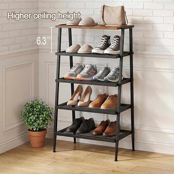 A-Shaped Shoe Rack for Entryway, 5-Tier Shoe Storage Organizer | Wooden Top, Mesh Shelves, Space-Saving Shoe Shelf, Free Standing, 31.97"H, Holds 10 Pairs, for Bedroom, Closet, Rustic Brown