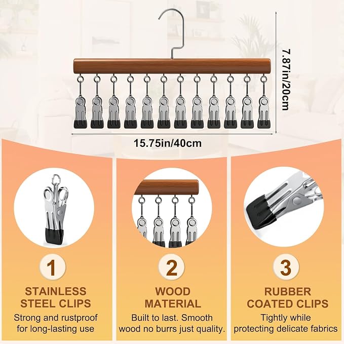 Closet Organizer with 12 Clips, Space Saving Hanging Closet Storage for Hats, Scarves, Jeans, Skirts, Socks, Pants, Multi-Purpose Clip Hanger(Wood TypeA*2)