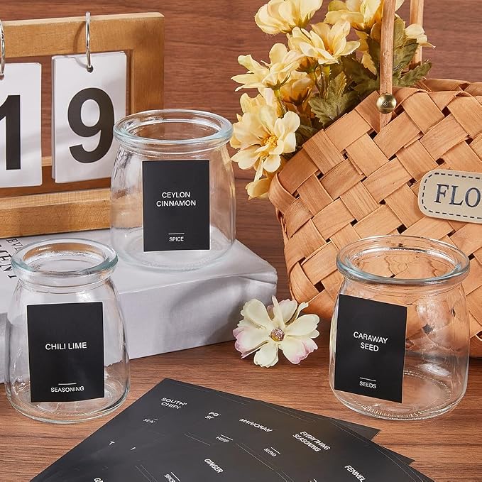 480Pcs 5 Sets 2 x 1.5In Black Spice Jars Labels Stickers Preprinted Waterproof Spice Bottle Stickers Rectangle Oil Resistant Labels for Kitchen Pantry Home Laundry Bathroom Organization