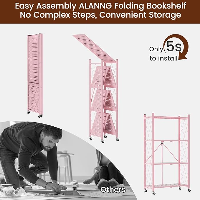 ALANNG 4 Tier Folding Storage Shelf on Wheels,Heavy Duty Metal Rolling Cart | 264 lbs Capacity, No Tools Assembly, Folds to 3.9", Lockable Casters, Portable for Kitchen Laundry Garage