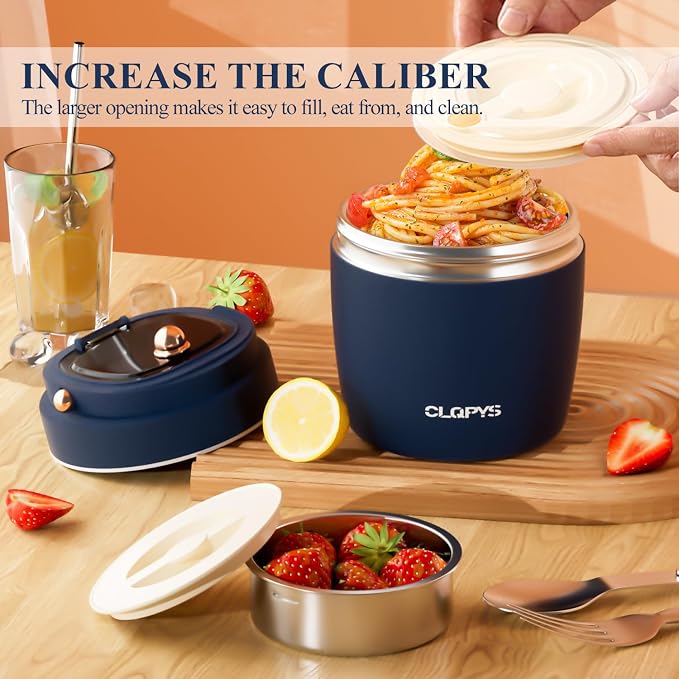 40oz Stainless Steel Vacuum Insulated Food Jar for Adults Wide Mouth Lunch Container with Spoon Fork and Carrying Bag Leak-Proof Soup Thermo Bento Box for Hot Food and Cold Food | Office, Travel Blue