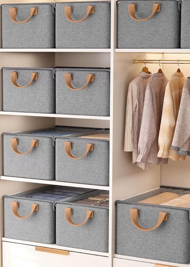 AARAINBOW Closet Clothes Organizer Bins 6 Pc, Fabric Box Storage Shelf Bins Stackable, Foldable Closet Shelf Storage Container with Lid, Fabric Storage Bin with Steel Frame, 23L (6 Gray with Lid)