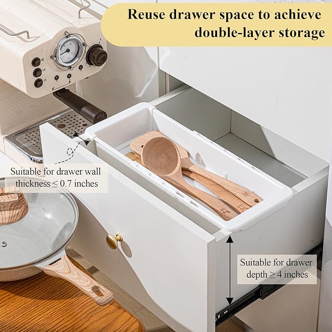 4 Pcs Expandable Drawer Organizer Bins Adjustable Deep Drawer Hanging Organizer Tray Expandable 11.4 to 18.1 Inches Plastic Dividers Storage for Office Bathroom Bedroom Kitchen Desk, White
