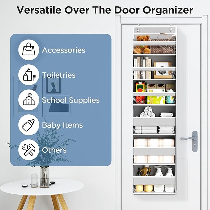 Mefirt Over The Door Organizer, 6 Shelf Door Hanging Organizers with 6 Large Capacity Pockets, Behind Door Storage Hanging Shelves for Closet Wall Bathroom Bedroom Nursery