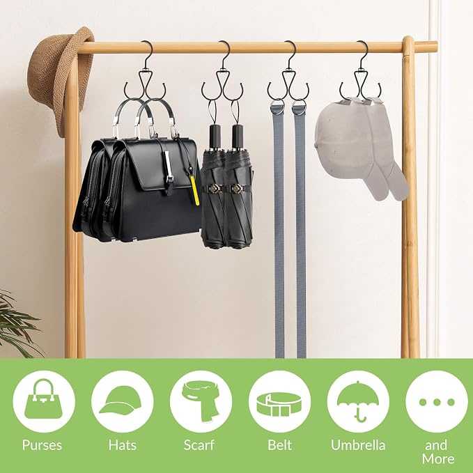 6 Pack Purse Hanger for Closet, 12 Storage Capacity Rotatable Purse Hooks, Hanging Backpack Bag Holder, Closet Organizers and Storage, Black