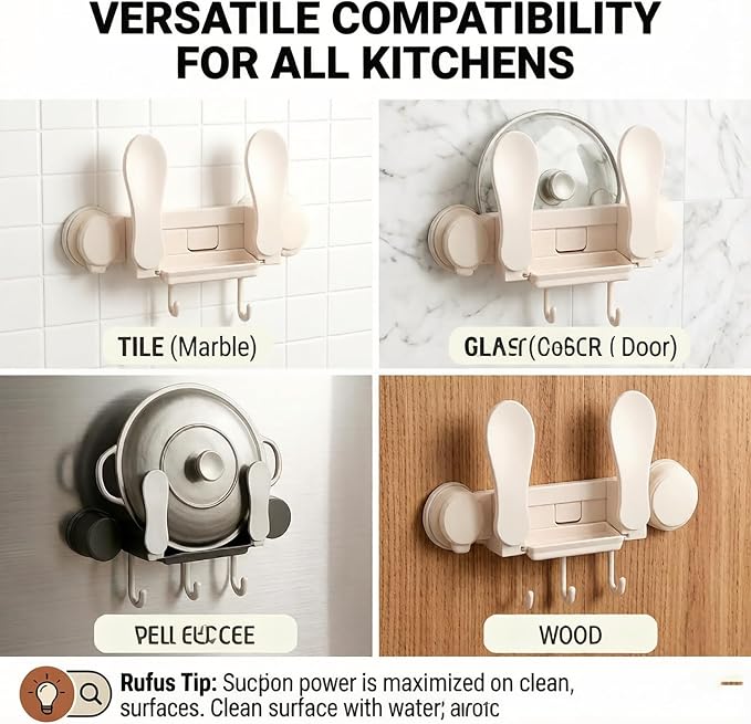 Multifunctional Pot Lid Holder Wall Mounted, Strong Suction Cup Kitchen Organizer with Utensil Hooks & Drain Tray for Cutting Board Pantry Cabinet Door, Non-Slip, Space-Saving, White