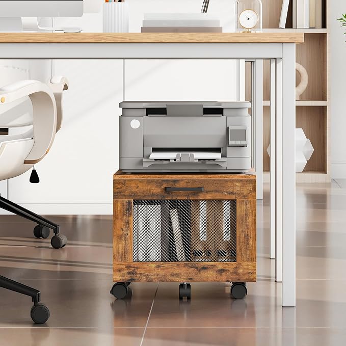 HOOBRO File Cabinet, Rolling File Cart, Under Desk Small Filing Cabinet, File Organizer Box, Home Office File Basket with Drawer for A4, Letter Files, Rustic Brown and Black BF11WJ01G1