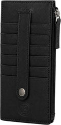 Leatherboss Genuine Leather Women's All in One Credit Business Card Case Holder Slim Zipper Wallet With a Card Protection Strap, Black
