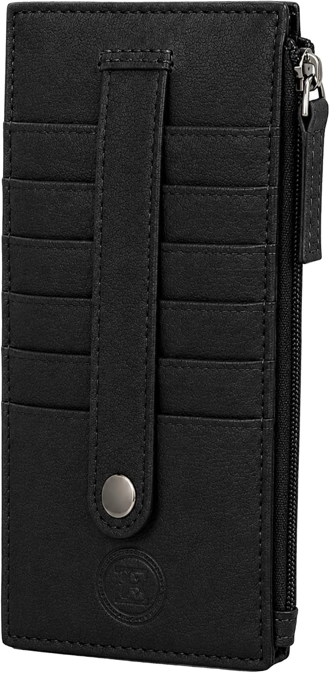 Leatherboss Genuine Leather Women's All in One Credit Business Card Case Holder Slim Zipper Wallet With a Card Protection Strap, Black
