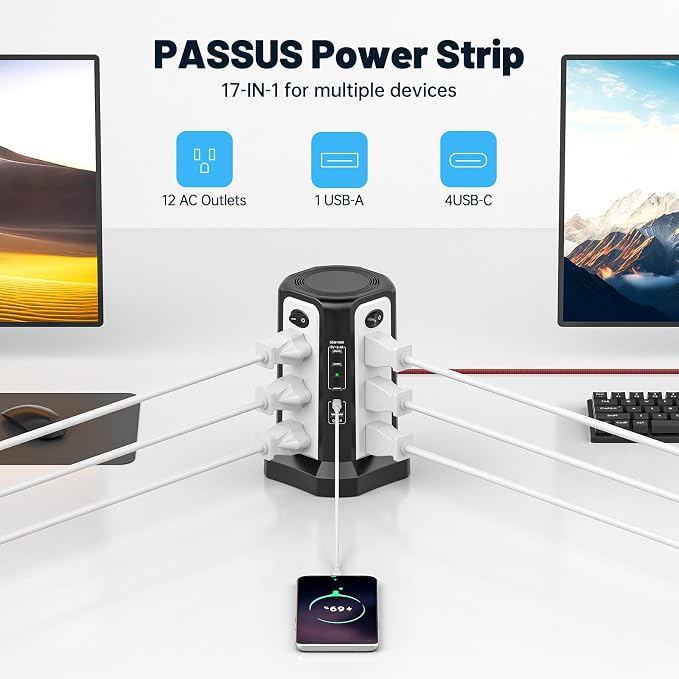 PASSUS PD65W USB C Fast Desktop Power Strip Surge Protector | Desktop Charging Station, 12 AC Outlets|4 USB C|1 USB A, 10FT Extension Cord with Overload Protection for Home Office Dorm