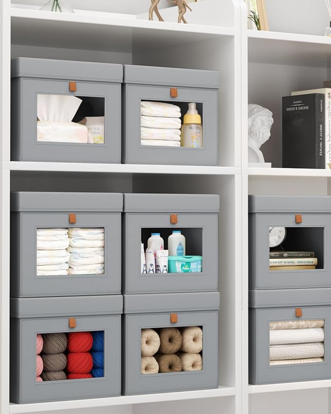 Homsorout Storage Bins with Lid – Closet Organizer with Side Opening and Clear Window, Foldable Stackable Fabric Basket for Clothes, Home, Office - 13.77" x 11.8" x 9.8", 5 Pack, Grey