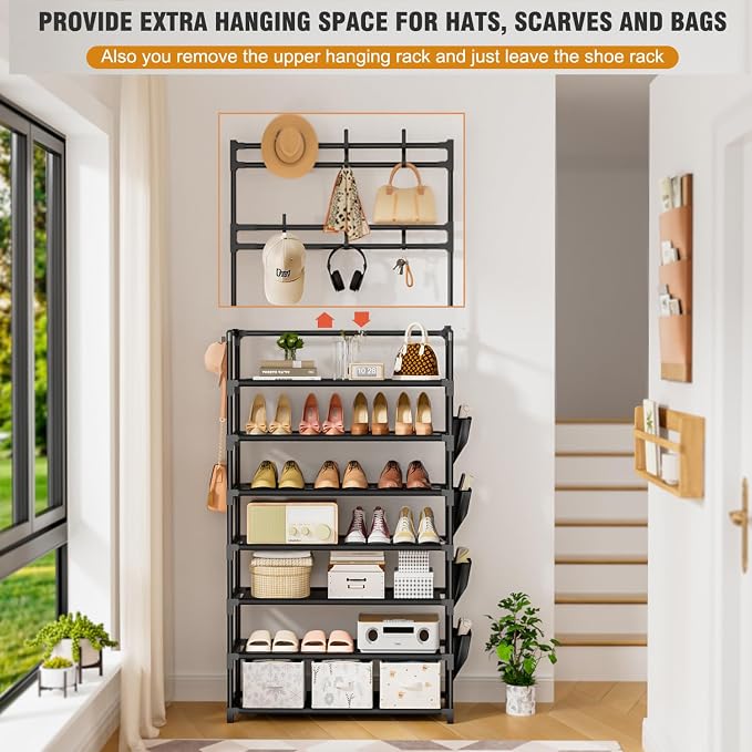 OYREL Shoe Rack 7 Tier Shoe Organizer Storage 21-28 Pairs | Closet Shoes Rack for Front Door Entrance Shoe Rack Organizer with Hooks Side Pocket Entryway Large Capacity Shoe Shelf Tower