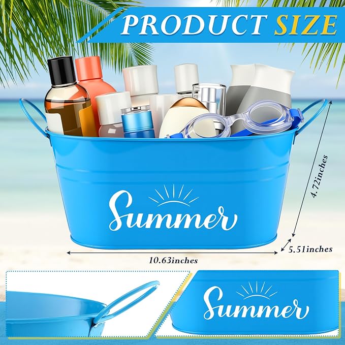 Blulu Summer Storage Bucket Metal Poolside Basket Above Ground Pool Bin Summer Basket Outdoor Storage for Sunscreen Goggles Flip Flop Spf Swimming Camping Beach Accessories Decor(Blue)