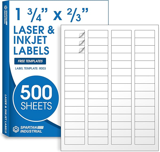 1 3/4" X 2/3" Matte White Return Address Labels (500 Sheets, 30000 Stickers) Mailing Labels for Envelopes, File Folder Stickers for Laser & Inkjet Printers - Spartan Industrial Template R003