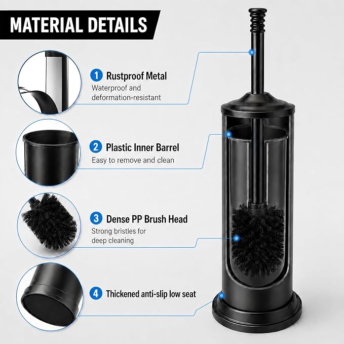 Black Toilet Brush and Holder Set，Extra Long Handled Toilet Bowl Brush and Holder，Stainless Steel Heavy Duty Toilet Brush for Bathroom,Deep Cleaning Modern Toilet Cleaner Slip Base