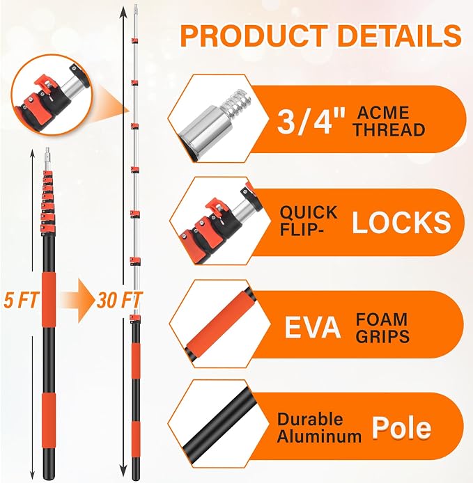36FT High Reach Duster with Extension Pole 5-30FT, 4-in-1 Cleaning Kit with Universal Swivel Joint, High Ceiling Fan Cleaner Duster, Cobweb Duster, Microfiber Feather Duster and Window Squeegee
