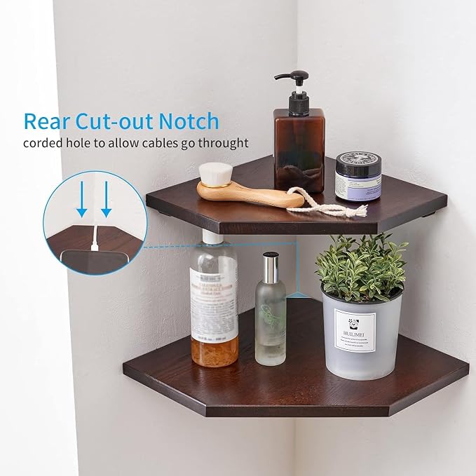 Corner Shelves Wall Mount, Set of 2 Solid Oak Wood Floating Corner Shelves with Wire Hole Display Shelf with Wire Hole Small Plant Display for Kitchen Living Room Bedroom