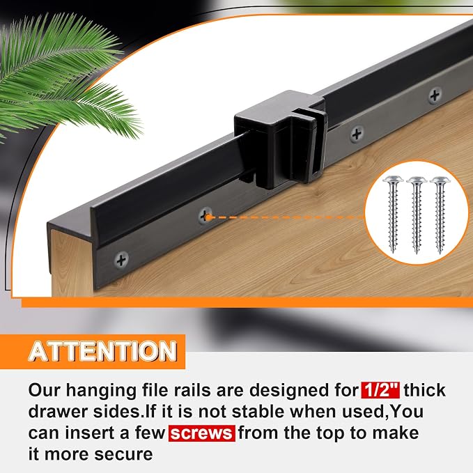 Leinuosen 6 Pcs File Cabinet Rails PVC Hanging Black Document Cabinet Rails for Drawer Sides Letter Size Office File Drawer Holder Organizer Storage, 15.8 Inches Long(1/2 Inch Wide)