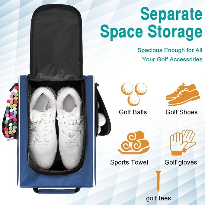 Wolt |Golf Shoe Bag for Travel- Zippered Shoes Carrier Bags with Ventilation & Double Outside Accessory Pocket for Socks, Tees, Golf Balls, Etc. for Women and Men (DarkBlue)