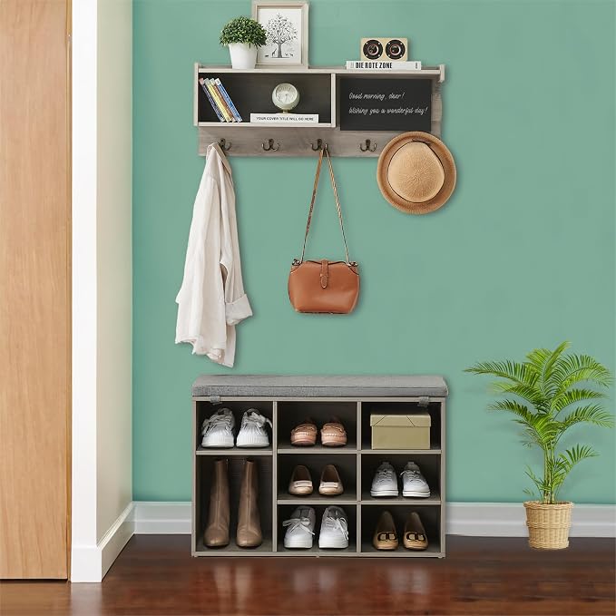 Entryway Shoe Bench with Coat Rack, Cushioned Storage Seat with Cubbies, Shoe Rack Bench for Front Door Entrance, Hall Tree with Hooks, Blackboard & Extra Storage for Entryway, Hallway & Living Room