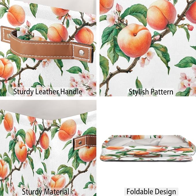 TropicalLife Peach Fruit Flower Storage Cube, 13 Inch Fabric Cube Storage Organizer Bin for Shelves Clothes, Decorative Foldable Storage Boxes