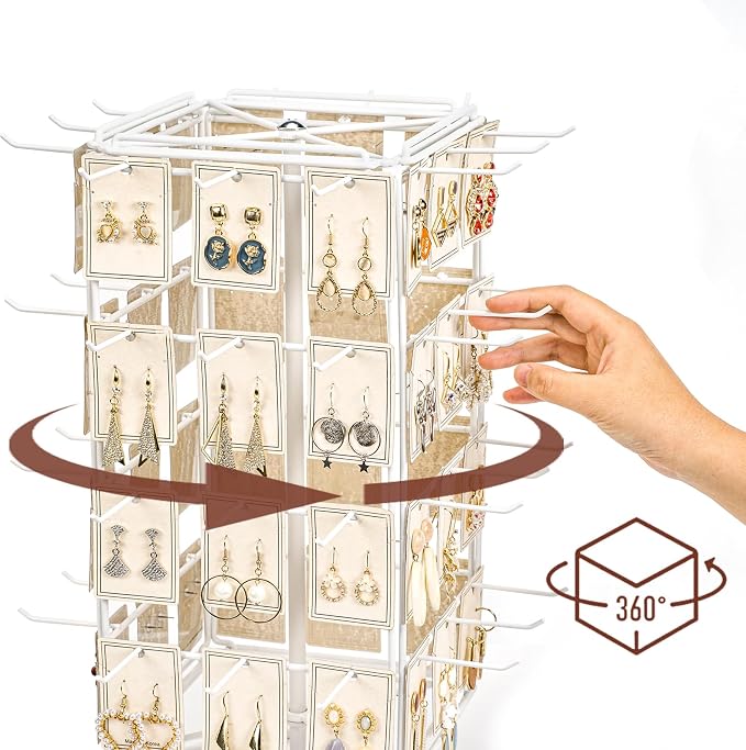 360 Rotating Earring Display Stands for Selling, 4 Tier Metal Earring Rack Holder Stand, Jewelry Display for Selling Earring Cards, Bracelets, Necklaces, KeyChains, Hair Accessories (48 Hooks)