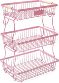 3 Tier Fruit Basket with 2 Banana Hangers, Mesh Basket Fruits Stand Produce Holder Organizer for Onion Potato Bread Snack Veggie Pink