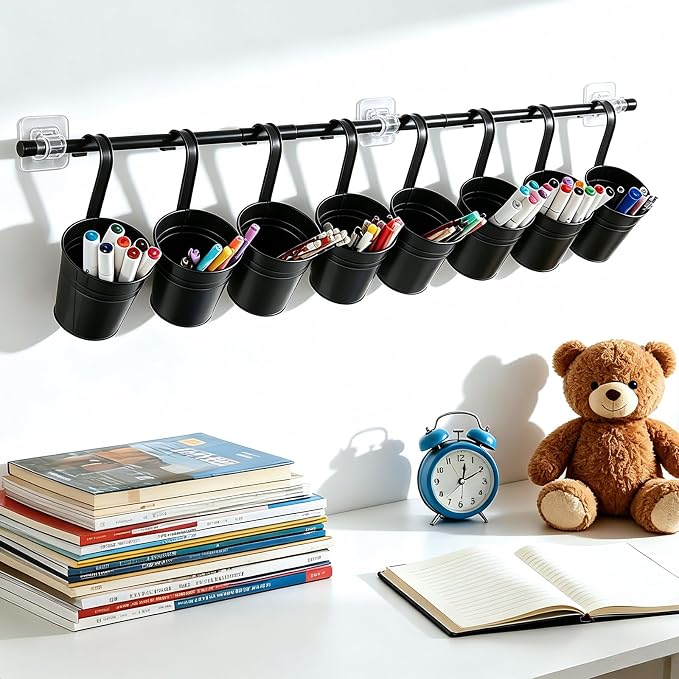 8 PCS Black Metal Pencil Holder with Pipes Back to School Hanging Iron Small Pails Stationery Crayon Organizer First Day of School Black Buckets Classroom Pencil Holder for Students Crafts Party Favor