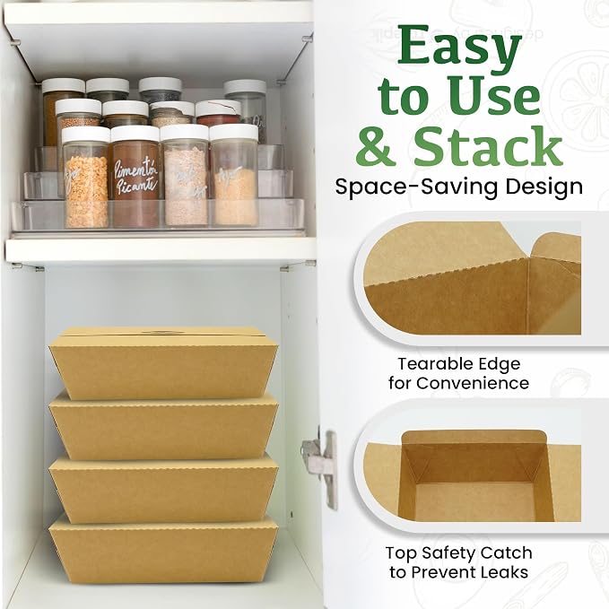 Holotap Disposable Kraft Paper To Go Containers With Lids,Microwaveable and Grease Resistant Cardboard Lunch Boxes,Meal Prep Containers Reusable for Restaurant, Kitchen,and Party (50 Pcs-65Oz)