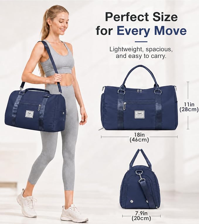 FIORETTO Womens Gym Tote Duffle Bag with Wet Pocket & Shoe Compartment, Sports Duffel Overnight Weekender Hospital Workout Carry on Bag for Girls, Ideal for Travel, Swimming, Dance, Ballet Navy Blue