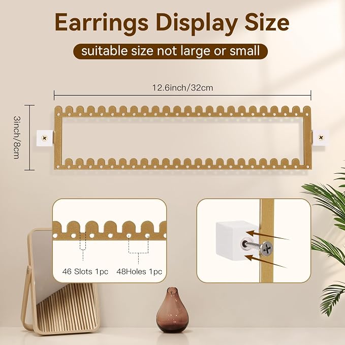 2 Tier Earring Holder Organizer Wall Mounted,2PCS Metal Earring Display Storage with 96 Holes and 92 Grooves Hanging Jewelry Organizer Tree for Stud/Hoop/Dangle Earrings Necklace（Gold）