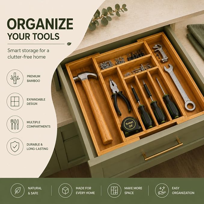 Bamboo Expandable Drawer Organizer for Utensils Holder, Adjustable Cutlery Tray, Wood Drawer Dividers Organizer for Silverware, Knives in Kitchen, Bedroom, Closet, Office, Tools