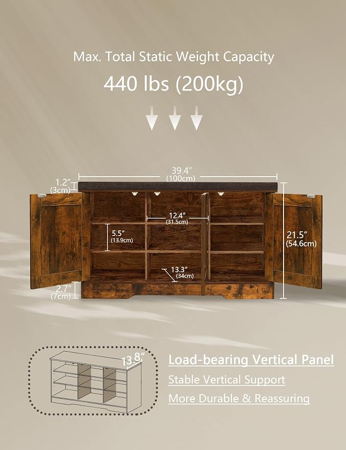 DINZI LVJ Shoe Bench, Entryway Storage Bench with Doors, Cushion, 3-Tier Shoe Rack with 9-Cubby, 39.4" L x 13.8" W Shoe Organizer Cabinet, Fully Adjustable Shelves, Living Room, Bedroom, Rustic Brown