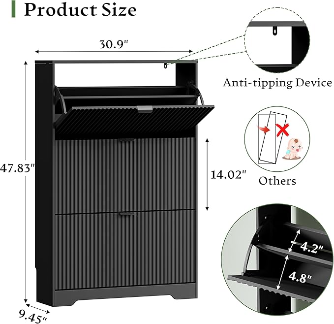 Xixini Shoe Storage Cabinet for Entryway with 3 Flip Drawers, Hidden Slim Wood Shoe Organizer with Modern Fluted Panel, Freestanding Narrow Shoe Rack for Front Door Entrance, Hallway, Foyer, Black