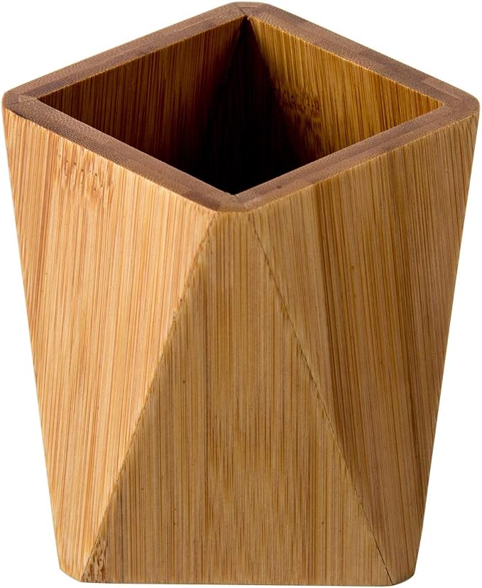 Bamboo Wood Pen Holder Stand for Desk Geometric Pencil Cup Pot Cute Desktop Office Supplies, Makeup Brushes Organizer (Bamboo)