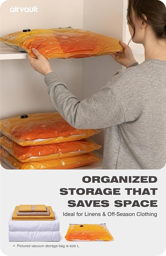 AirVault Vacuum Storage Bags for Travel & Home - Space Saver Compression Packing Bags Set for Clothes, Blankets & Seasonal Storage, Small (2), Medium (4), Large (4) (Orange,10-Pack Combo)
