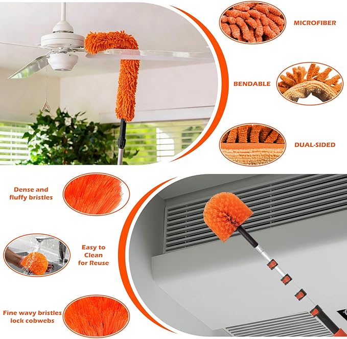 16FT Reach High Ceiling Duster Kits with 3-12FT Adjustable Pole - Includes Extra Long Duster, High Ceiling Duster, Rotatable Window Squeegee & Cobweb Duster for Ceiling Fans and Whole House Cleaning