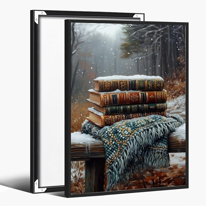 Vintage Books Winter Book Lover Art Aesthetic Poster Canvas Wall Art Decoration Living Room Home Decor Bedroom Decoration Poster black framed24x36inch