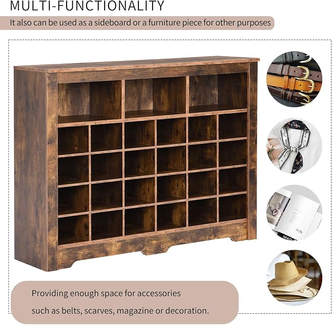Flieks 24-Cube Organizer Shoe Storage Cabinet, Stylish Design Shoe Cabinet with Multiple Storage Capacity, Free Standing Cabinet with Curved Base for Entryway, Living Room, Hallway, Rustic Brown
