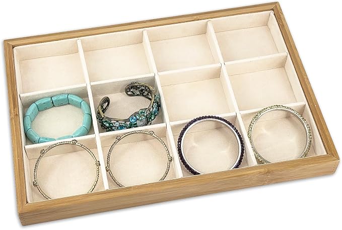 The Display Guys - Stackable Jewelry Tray and Organizer - for Drawers, Dressers, Store Display (12 Compartments, Bamboo Suede)