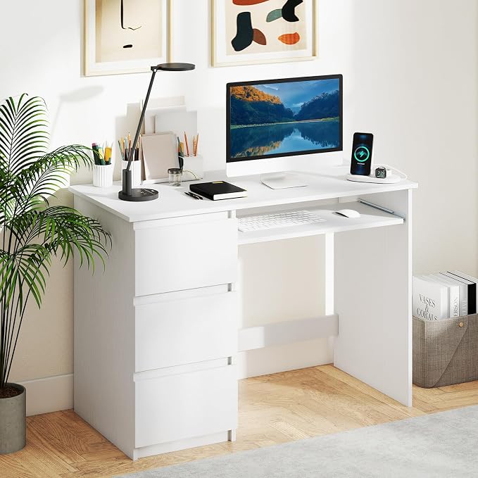 GOFLAME Computer Desk with 3 Drawers & Charging Station, 42” Home Office Desk with Storage & Keyboard Tray, Writing Desk PC Workstation Vanity Table (White)