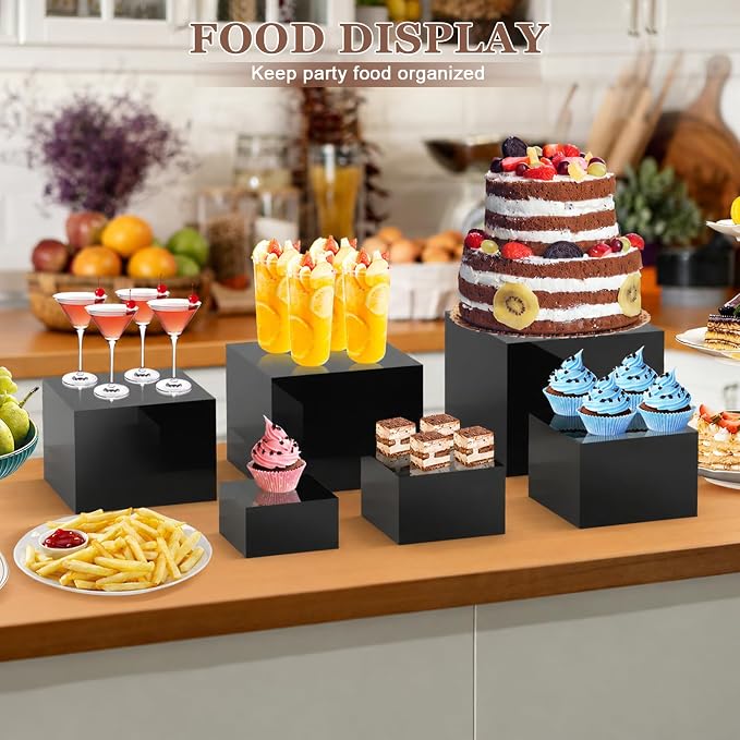 6Pcs Black Buffet Risers Set (Size 5",6",7",8",9",10"),Food Risers for Buffet Table Display Stand Shelf for Party Catering Dessert Collectibles Acrylic Cube Boxes Display with Hollow Bottoms