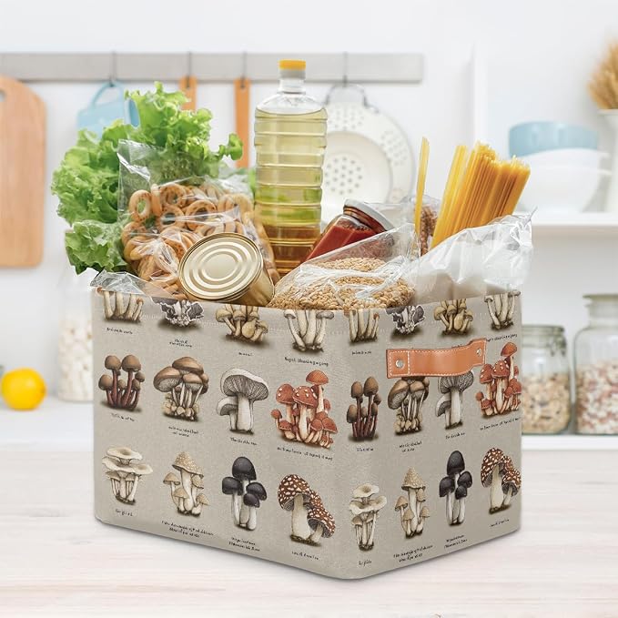 Rectangular Storage Bins Colorful Mushroom Illustration Collapsible Fabric Storage Basket Organizer with Handles for Nursery Bedroom Bathroom