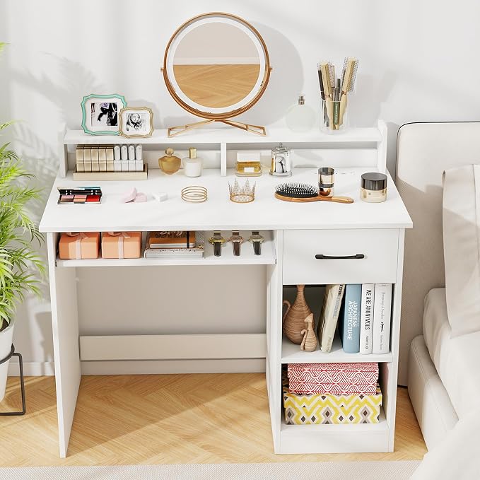 Tangkula White Desk with Drawer & Keyboard Tray, Home Office Desk with Built-in Charge Station & Adjustable Shelf, Study Writing Table with Hutch, Modern Computer PC Workstation