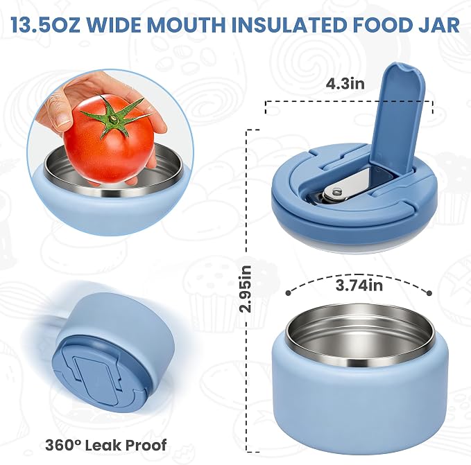 Itslife Soup Thermo for Hot Food Kids 25.5oz Lunch Containers with Buckle Lid Wide Mouth Hot Food Jar Vacuum Insulated Stainless Steel Bento Box Leakproof with Spoon (Blue3, 13.5oz)