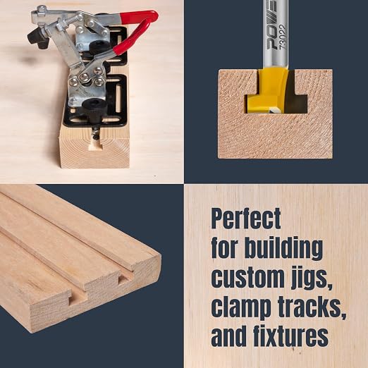 POWERTEC T Track Router Bit, Tungsten Carbide Tipped Router Bit, 1/4" Shank, 5/8" Dia., Slatwall, T Slot for Picture Frames, Compatible with 1/4" & 5/16" T Track Bolts (73022)